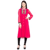 Nikhaar Creations Georgette Embroidered Collared Neck Straight Cut Kurta, FNFINC939163, Red & Black