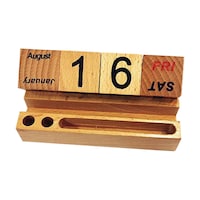 Wooden Block Desktop Calendar, With Pen Holder And Card Holder
