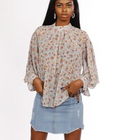 Picture of Butterfly-Sleeve Floral Top, Grey & Orange, Pack of 12Pcs