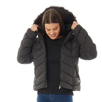 Hybella Women's Quilted Puffer Jacket with Hood and Fur, Black, M, Carton of 20pcs