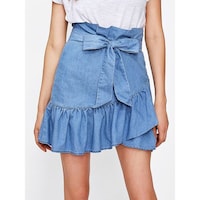 Hybella Women's Denim Mini Asymmetric Skirt with Waist Tie, Blue, Medium, Carton of 400pcs
