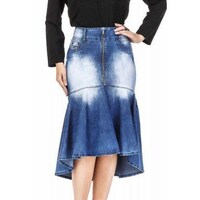 Picture of Hybella Women's Denim Skirt with Flair Hem and Zip Closure, Blue, Medium, Carton of 400pcs