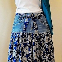 Hybella Women's Printed Denim Midi Skirt with Zip Closure, Blue, Medium, Carton of 400pcs
