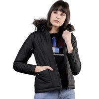 Hybella Women's Quilted Puffer Jacket with Fur Applique Hood, Black, M, Carton of 20pcs