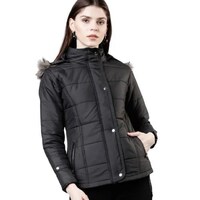 Hybella Women's High Neck Quilted Puffer Jacket with Fur Applique Hood, Black, M, Carton of 20pcs