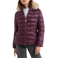 Hybella Women's Quilted Puffer Jacket with Hood and Fur, Red, M, Carton of 20pcs