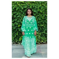 Chikankari Work Gown for Girls, Green, Free Size