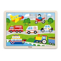 Viga Puzzle On A Mat Vehicles In The City Wooden Toy, 24 Elements