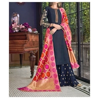 Picture of Semi-Stitched Embroidery Sharara Plazzo Suits with Dupatta, Dark-Blue