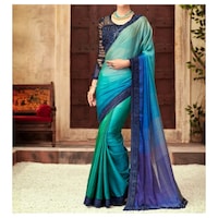 Picture of Silk Ethnic Plain Saree, Blue & Green