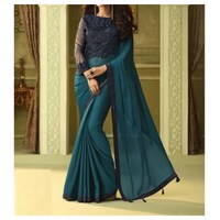 Picture of Silk Ethnic Solid Saree, Blue & Peacock Green