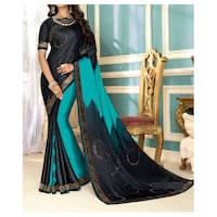 Picture of Crepe Ethnic Solid Saree, Black & Cyan