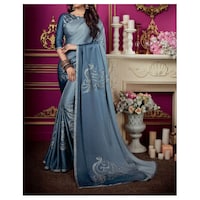 Picture of Grey & Silver Crepe Ethnic Solid Saree