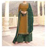 Picture of Semi-Stitched Embroidered Sharara Suits with Dupatta, Mustard & Dark-Green