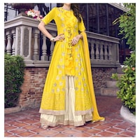 Picture of Yellow & Cream Semi-Stitched Embroidery Sharara Without Dupatta