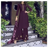 Semi-Stitched Embroidery Sharara Suits with Dupatta, Brown