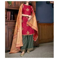 Picture of Red & Green Semi-Stitched Embroidery Sharara Plazzo Suits with Dupatta