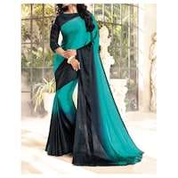 Picture of Crepe Ethnic Solid Saree, Black & Turquoise