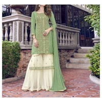 Picture of Green & White Semi-Stitched Embroidery Sharara with Dupatta