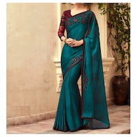 Picture of Maroon & Blue silk Ethnic Solid Saree