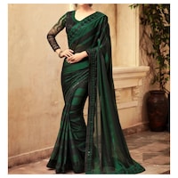 Picture of Silk Ethnic Solid Saree, Black & Green