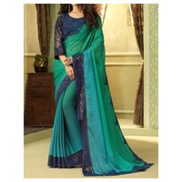 Picture of Silk Ethnic Plain Saree, Blue & Peacock Green