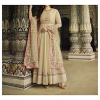 Semi-Stitched Embroidery with Zari Anarkali Suit /Gown with Dupatta, Cream