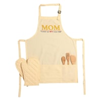 Lushomes Cotton Mom Cooking Apron and Oven Mittens Set, Witty Cream