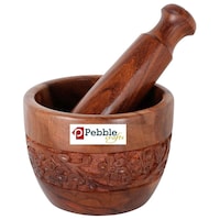 Pebble Crafts Wooden Kitchen Mortar Pestle With Intense Carving - Brown
