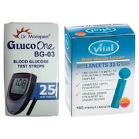 Picture of Dr. Morepen 25 Test Strips and 100 Vital Round Glucometer Lancets, BG-03 