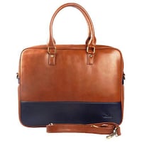 Vegano PU Leather Office Laptop Bag for Men & Women, 16in, Tan & Blue