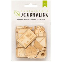 American Crafts Sustainable Journaling Wood Shapes, Travel, Pack Of 20 Pcs