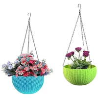 Hridaan Plastic Hanging Flower Basket with Hook Chain, Set of 2, Blue/Green