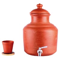 Village Decor Clay Water Pot with Steel Tap, Brown, 7 Litre