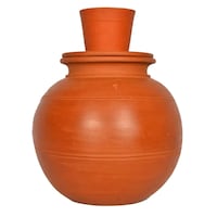 Village Decor Handmade Earthen Clay Water Pot with Lid and Glass, 4 Litre