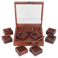 Creation India Craft Wooden Spice Box with Removable Box, Brown, 9 Sections