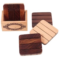 Picture of Creation India Craft Elegant Designed Wooden Tea Coasters Set, Brown, 4 Pcs