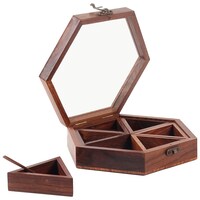 Creation India Craft Hexagon Spice Box, Brown, 6 Sections