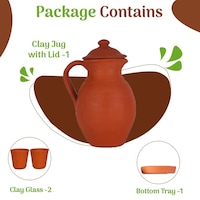Village Decor Handmade Terracotta Clay Water Jug with Glass, 1 Litre