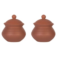 Village Decor Handmade Earthen Clay Curd Pot with Lid, 0.5 Litre, Brown, 2 Pieces