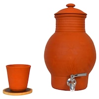 Village Decor Clay Water Pot with Steel Tap, Brown, 4 Litre