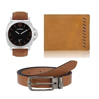 Laurels Synthetic Band Men'S Analog Watch With Wallet & Belt Set, Brown