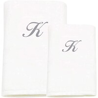 Picture of BYFT Bath & Hand Towel Set, 70x140cm, 50x80cm, White & Silver, Letter "K"