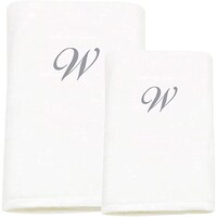 Picture of BYFT Bath & Hand Towel Set, 70x140cm, 50x80cm, White & Silver, Letter "W"