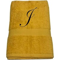 BYFT Embroidered Cotton Bath Towel, 70x140cm, Yellow, Black, Letter "J"
