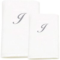 Picture of BYFT Bath & Hand Towel Set, 70x140cm, 50x80cm, White & Silver, Letter "J"