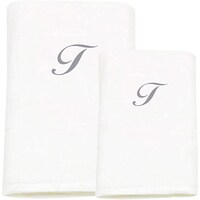 Picture of BYFT Bath & Hand Towel Set, 70x140cm, 50x80cm, White & Silver, Letter "T"