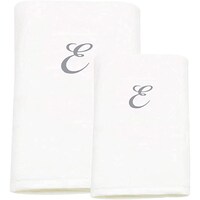 Picture of BYFT Bath & Hand Towel Set, 70x140cm, 50x80cm, White & Silver, Letter "E"