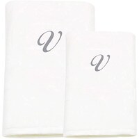 Picture of BYFT Bath & Hand Towel Set, 70x140cm, 50x80cm, White & Silver, Letter "V"