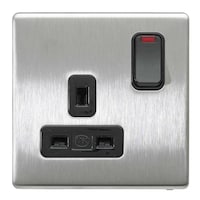 Picture of MK Aspect 1 Gang DP BSS Switchsocket Outlet with Neon, Dual Earth & Black Inserts, 13A